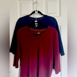 One Burgundy and one navy 3/4 length sleeve cotton knit T’s